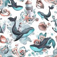 A marine lighthouse with whales, seashells, algae, an anchor and starfish. Watercolor illustration. Seamless pattern on a white background from the collection of WHALES. For decoration and design vector