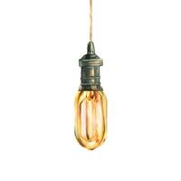 Edison glass lamp hanging on a cord glowing yellow and orange in the shape of a drop. Watercolor illustration hand drawn. Single object isolated from the background. vector