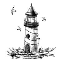 Striped sea lighthouse with flying seagull standing on grass on seashore with waves. Graphic linear drawing, hand drawn in black and white monochrome. nautical, marine compositions vector