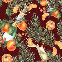 Tangerines with pine branches and cones, champagne in bottles and glasses. Hand drawn watercolor illustration for christmas fabric, textile, wrapping paper. Seamless pattern on a burgundy background vector