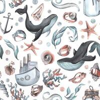 Nautical seamless pattern with whales, shells and a steamer. Watercolor illustration, hand drawn. Seamless pattern on white background vector