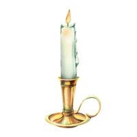 Candlestick with handle gold, copper, bronze with white burning candle with wax drips, antique, retro, vintage. Watercolor illustration hand-drawn. Separate object isolated from background. vector