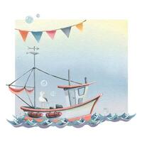 A sailing boat fishing with a garland of flags, a seagull, waves and bubbles of water. Watercolor illustration drawn by hand. Template, a frame with a blue background isolated. vector