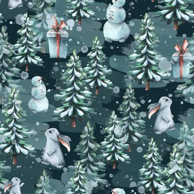 Winter forest with Christmas trees, snowmen, bunnies, gifts, with snow on a dark background. Watercolor illustration. Seamless pattern from a large set of Cozy Winter. For New Year and Christmas