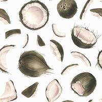 Coconuts are whole and broken, cut into pieces on a white background. Watercolor illustration. Seamless pattern from the COCONUT collection. For decoration and design of fabrics, wallpaper, packaging vector
