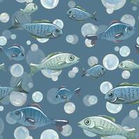 Blue water bubbles of different sizes with fish in a chaotic order. Watercolor hand-drawn illustration. Seamless pattern, endlessly repeating ornament, on a blue background vector