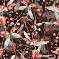 Ladybugs in flight from different angles against the background of autumn apple branches. Watercolor illustration hand drawn. Seamless pattern on burgundy background. vector