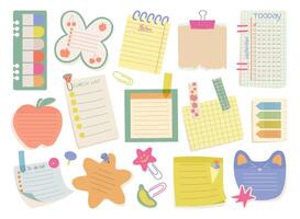 Stick paper notes set for school and office. Notepad paper sheets, memo stickers, paper clips, and sticky tapes. Pages for to do lists, messages, and notes. Isolated illustration collection. vector