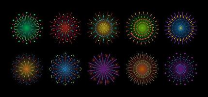 Firework sparkle ray set. Radiant sunburst abstract collection. Shine sunrays or fireworks sparkles rays. Sunlight circle graphic design elements. Colorful multiple sun light burst on black background vector