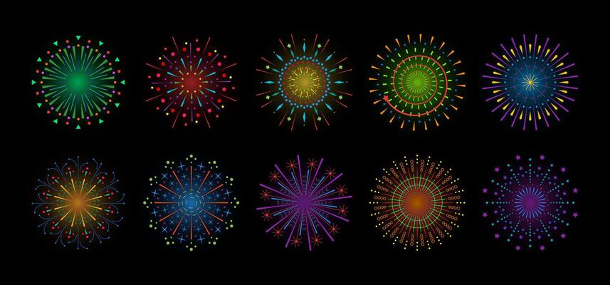 Firework sparkle ray set. Radiant sunburst abstract collection. Shine sunrays or fireworks sparkles rays. Sunlight circle graphic design elements. Colorful multiple sun light burst on black background