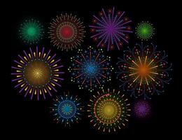 Firework sparkle ray set. Radiant abstract sunburst. Colorful different shine sunrays or fireworks sparkles rays. Sunlight circle graphic design elements. Multiple sun light burst on black background vector