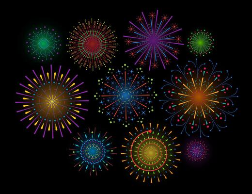 Firework sparkle ray set. Radiant abstract sunburst. Colorful different shine sunrays or fireworks sparkles rays. Sunlight circle graphic design elements. Multiple sun light burst on black background