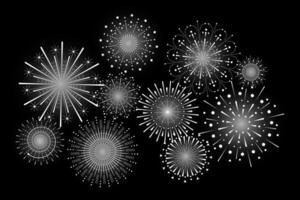 Firework sparkle ray set. Radiant abstract sunburst. Different shine sunrays or fireworks sparkles rays. Sunlight circle graphic design element. Multiple sun light burst options on night background vector