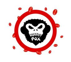 Stop monkeypox virus infection warning sign. Monkey pox disease outbreak epidemic from primates to humans symbol. Mpox danger and public health epidemic risk medical icon. MPV MPVX dangerous pandemic vector