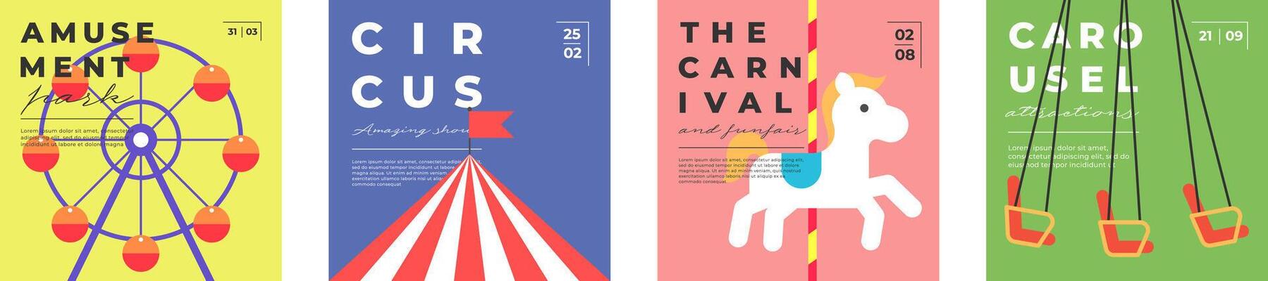 Amusement park festive minimal trendy square banner set. Ferris wheel and circus flyer. Carnival funfair carousel greeting card creative design. Fun fair festival simple flat modern eps cover