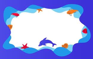Underwater frame with a blue dolphin, fish, shells, and starfish surrounding copy space. Bright, playful ocean design with blue waves vector