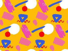 colorful shapes seamless pattern on yellow background, neo-fauvism, 80s, messy brush strokes, repeating fabric texture, holiday summer background vector