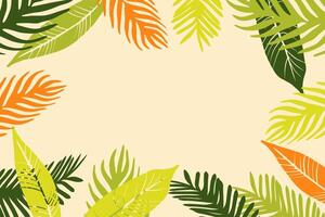 Summer floral frame green background with palm tree, monstera leaves, branches. Copy space. horizontal concept for summer party poster, flyer, web baner, invitation design. vector