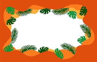 Orange color frame with green monstera leaves surrounding copy space. Bright, playful summer tropical waves background for poster, postcard, flyer, invitation design. vector