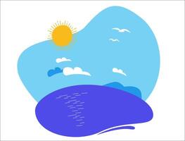 sunny day at the ocean bright illustration. The sun shines over blue water, clouds, seagulls in the sky. Simplistic, colorful design vector
