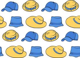 Summer Hats seamless pattern, yellow, blue colors, doodle style background, illustration for wrapping paper, textile print, package design vector