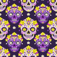 seamless pattern with bright sugar skulls on dark violet background vector