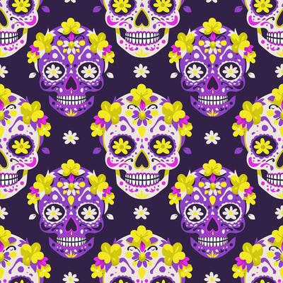 seamless pattern with bright sugar skulls on dark violet background