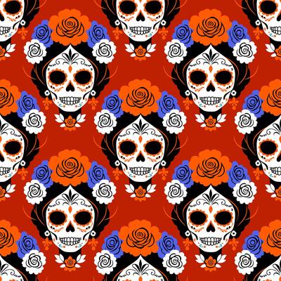 Bright seamless pattern with sugar skulls. Catrina head. Mexican Day of the Dead