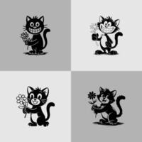 A simple black cartoonish sketch cat figure with a smiling face and holding a flower vector
