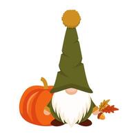 Autumn gnome with pumpkin in green cap. Magic harvest character with yellow leaf and acorn in hand in hat covering his eyes with white beard as festive scandinavian symbol of garden vector