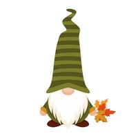 Autumn gnome in green striped cap. Magic harvest character with yellow leaf in hand in hat covering his eyes with white beard as festive scandinavian symbol of fantasy vector