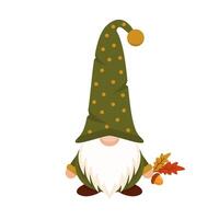 Autumn gnome in green long cap. Magic harvest character with yellow leaf and acorn in hand in hat covering his eyes with white beard as festive scandinavian symbol of wealth vector