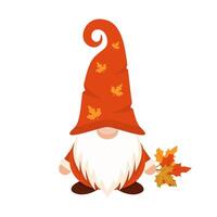 Autumn gnome in long cap with leaf. Orange harvest character with yellow foliage in hand in hat covering his eyes with white beard as festive scandinavian symbol of garden vector