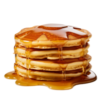 Stack of four delicious golden pancakes drizzled with maple syrup png