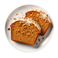 Two slices of pumpkin bread with cream cheese frosting and nuts png