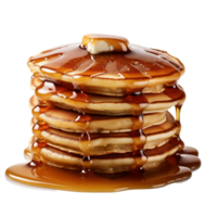 Close up of a stack of golden brown pancakes topped with butter and maple syrup png
