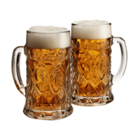 Two glass beer mugs with handles, filled with cold, refreshing beer and a frothy head. png