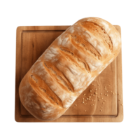 Freshly baked loaf of white bread on wooden cutting board. Top view. png
