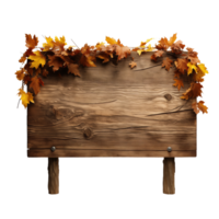 Empty wooden signboard with autumn leaves isolated on a transparent background png