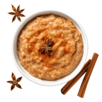 Pumpkin oatmeal topped with star anise and cinnamon sticks. A perfect fall or winter breakfast. png