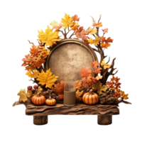 Rustic wooden autumn decoration with pumpkins, maple leaves, berries, and space for a photo. Perfect for fall and Thanksgiving. png