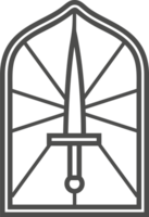 Church glass window. Gothic arch frame with medieval symbol. Vintage architecture element. Stained mosaic decoration with sword png