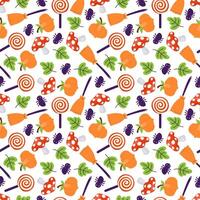 Autumn seamless pattern with broom, fly agaric, spider, pumpkin, leaf and lollipop. Halloween theme. Graphic design illustration. In a hand-drawn style, on a white background. vector