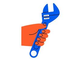 Hand drawn cute cartoon illustration hand adjustable wrench or spanner instrument. Flat repair tool in arm colored doodle style. Support service hardware icon. Settings or fix problem. Isolated vector