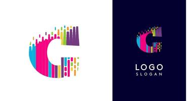 Colorful stripes transitioning into pixel-like elements fat logo template, letter C, abstract equalizer logotype for tech, creative studio, media, digital branding. illustration vector