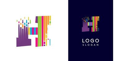 Colorful stripes transitioning into pixel-like elements fat logo template, letter H, abstract equalizer logotype for tech, creative studio, media, digital branding. illustration vector