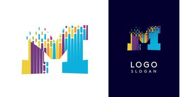 Colorful stripes transitioning into pixel-like elements fat logo template, letter M, abstract equalizer logotype for tech, creative studio, media, digital branding. illustration vector