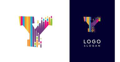 Colorful stripes transitioning into pixel-like elements fat logo template, letter Y, abstract equalizer logotype for tech, creative studio, media, digital branding. illustration vector