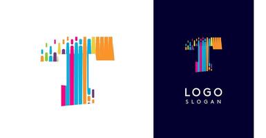 Colorful stripes transitioning into pixel-like elements fat logo template, letter T, abstract equalizer logotype for tech, creative studio, media, digital branding. illustration vector