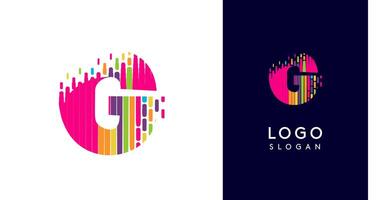 Colorful stripes transitioning into pixel-like elements fat logo template, letter G, abstract equalizer logotype for tech, creative studio, media, digital branding. illustration vector